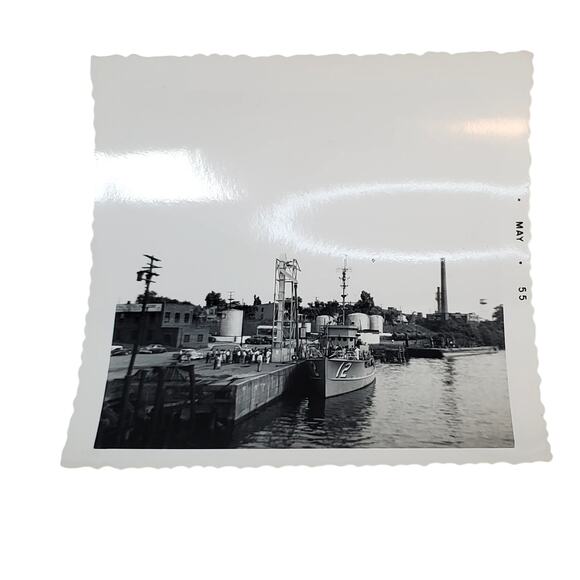 Vtg Lot of 2 Monochrome Docked Ship Photos 1955 Found Snapshot 3.5" x 3.5" - Picture 2 of 6